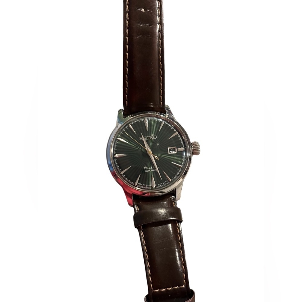seiko watch green face brown leather strap
